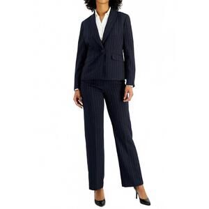NEW LE SUIT notched collar 1 button crepe jacket with mid waist pant set in navy